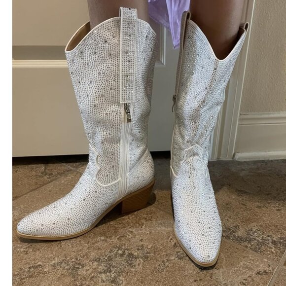 🆕Women White Rhinestone Manmade Material Mid Calf Cowgirl Pointed Toe Boots - Picture 1 of 8